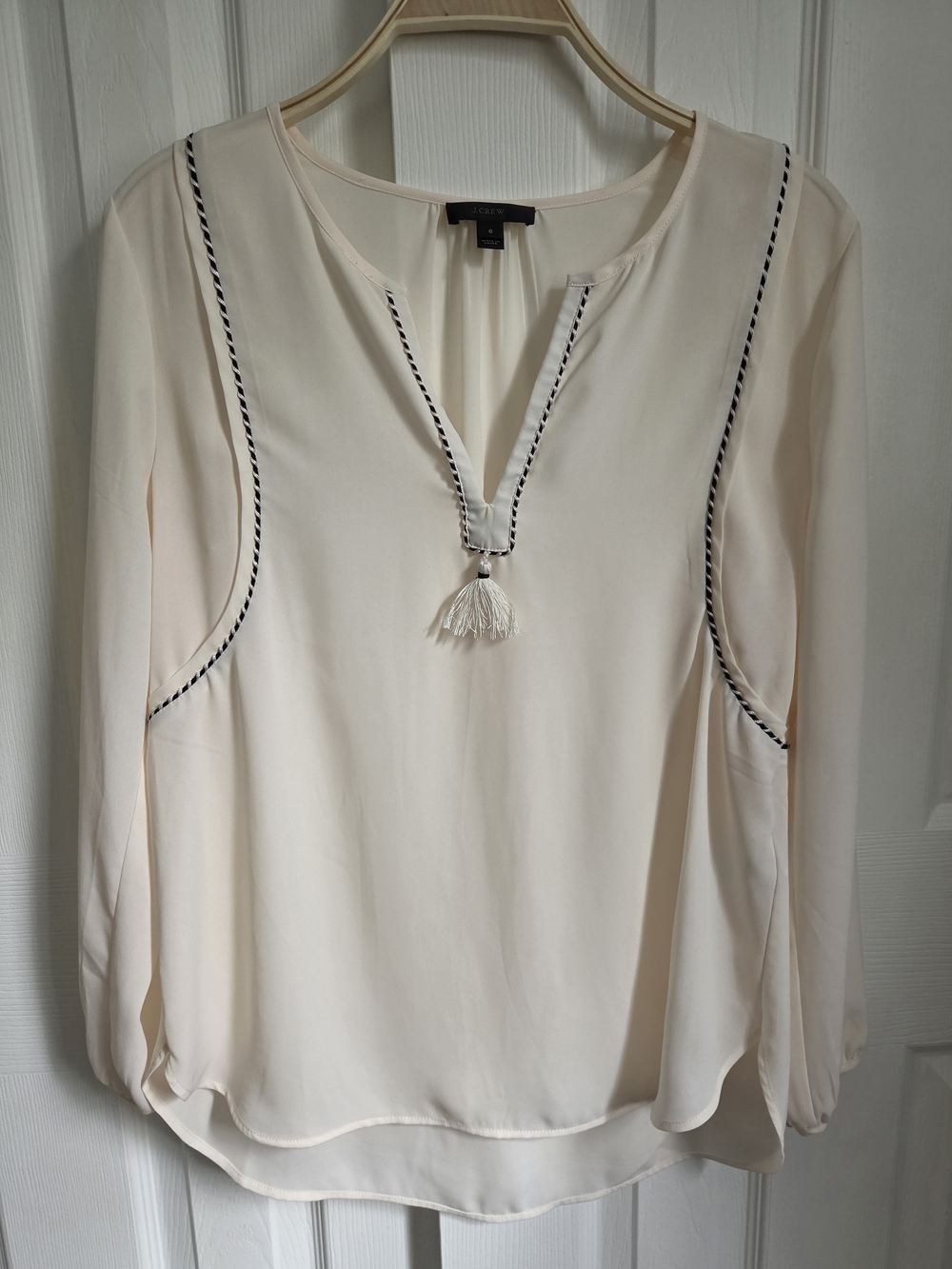 J. Crew Cream Tassel Embroidered Long Sleeve Semi Sheer Boho Peasant Blouse, 6